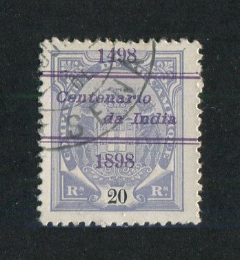 1898 - Afinsa nº 33a. Elefantes com sobrecarga "Centenário da India". Selo de 20r usado. Denteado 12 1/2, papel porcelana. Em boas condições.