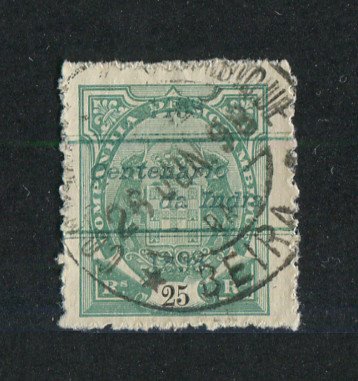 1898 - Afinsa nº 34. Elefantes com sobrecarga "Centenário da India". Selo de 25r usado. Denteado 12 1/2, papel pontinhado. Em boas condições.