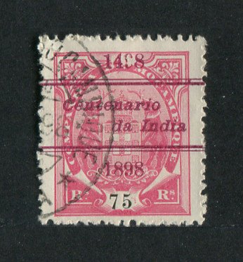 1898 - Afinsa nº 36a. Elefantes com sobrecarga "Centenário da India". Selo de 75r usado. Denteado 13 1/2, papel pontinhado. Em boas condições.