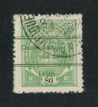 1898 - Afinsa nº 37. Elefantes com sobrecarga "Centenário da India". Selo de 80r usado. Em boas condições.