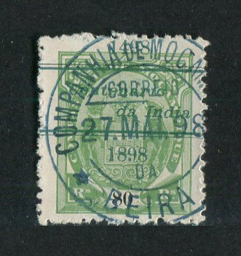 1898 - Afinsa nº 37. Elefantes com sobrecarga "Centenário da India". Selo de 80r usado. Em boas condições.