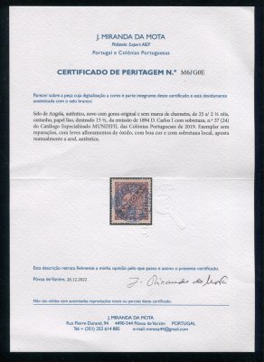 1894 - Afinsa nº 37. Taxa de Jornaes com sobretaxa. Selo de 25r/2 1/2r novo SEM CHARNEIRA (**) e com goma original. Denteado 13 1/2. Com CERTIFICADO DE PERITAGEM. Em boas condições.