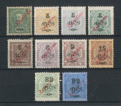 1913 - Afinsa nº 134/143. D. Carlos com sobrecarga local REPUBLICA. Série completa nova sem goma como emitidos. Todos em dentado 11 1/2. Em boas condições.
