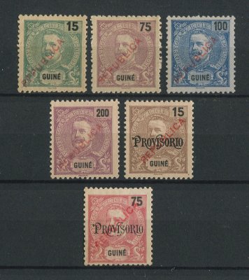 1913 - Afinsa nº 137/142. D. Carlos I com sobrecarga local REPUBLICA. Série completa, nova COM CHARNEIRA (*). Sem goma como emitidos. Em boas condições.