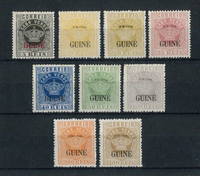 1879 - Afinsa nº  10/18. Tipo Coroa. Reimpressões de 1885. Série completa sem goma como emitidos. Com sobrecarga PROVA. Em boas condições.