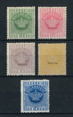 1881 - Afinsa nº  10/14. Tipo Coroa. Reimpressões de 1885. Série completa nova sem goma como emitidos. Com sobrecarga PROVA. Em boas condições.