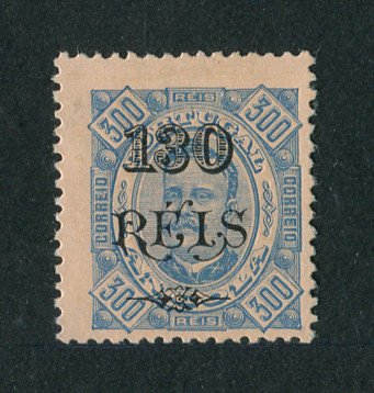 1902 - Afinsa nº 71. D. Carlos I com sobretaxa. Selo de 130r/300r novo, SEM GOMA. Denteado 12 1/2. Em boas condições.