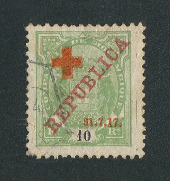 1917 - Afinsa nº 108. Tipo Elefantes com sobrecargas REPUBLICA e CRUZ VERMELHA. Selo de 10r reis usado. Em boas condições.