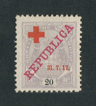 1917 - Afinsa nº 109b. Tipo Elefantes com sobrecargas REPUBLICA e CRUZ VERMELHA. Selo de 20r reis novo, SEM GOMA. VARIEDADE "1" de "31" MAIOR. Em boas condições.