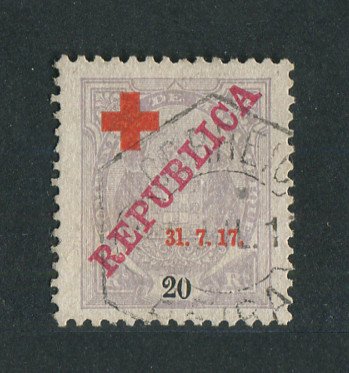1917 - Afinsa nº 109b. Tipo Elefantes com sobrecargas REPUBLICA e CRUZ VERMELHA. Selo de 20r reis usado. VARIEDADE "1" de "31" MAIOR. Em boas condições.
