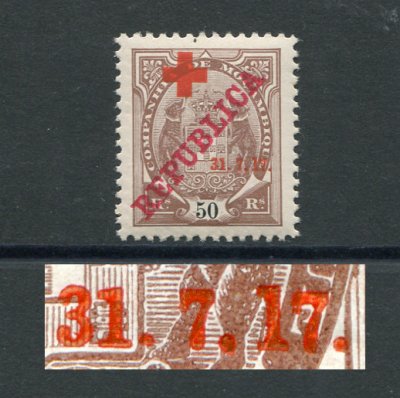 1917 - Afinsa nº 110a. Tipo Elefantes com sobrecargas REPUBLICA e CRUZ VERMELHA. Selo de 50 reis novo SEM CHARNEIRA (**) e com goma original. ''1'' de ''17'' MAIOR. Em boas condições.