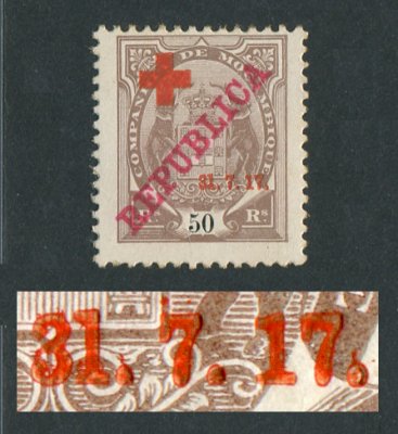 1917 - Afinsa nº 110b. Tipo Elefantes com sobrecargas REPUBLICA e CRUZ VERMELHA. Selo de 50 reis novo, SEM GOMA. ''1'' de ''31'' MAIOR. Em boas condições.
