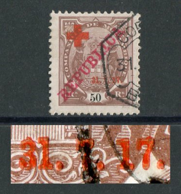 1917 - Afinsa nº 110b. Tipo Elefantes com sobrecargas REPUBLICA e CRUZ VERMELHA. Selo de 50 reis usado. ''1'' de ''31'' MAIOR. Em boas condições.