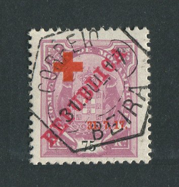 1917 - Afinsa nº 111. Tipo Elefantes com sobrecargas REPUBLICA e CRUZ VERMELHA. Selo de 75 reis USADO. Carimbo de 31-JULHO-1917, único dia oficial de circulação. Em boas condições.
