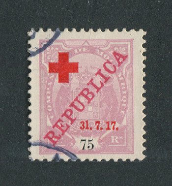 1917 - Afinsa nº 111b. Tipo Elefantes com sobrecargas REPUBLICA e CRUZ VERMELHA. Selo de 75 reis usado. ''1'' de ''31'' MAIOR. Em boas condições.
