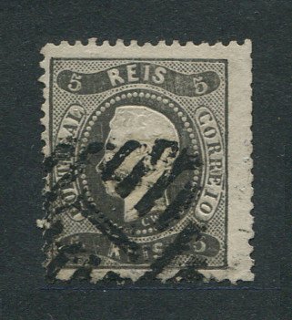 1867/70 - Afinsa nº 27. D. Luís I, fita curva denteado.Selo de 5 reis usado. CARIMBO QUADRADO "1"- AMBULÂNCIA POSTAL. Tem o denteado irregular.