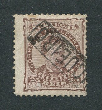 1882/83 - Afinsa nº 57. D. Luis I de frente. Selo de 25 reis usado. Papel porcelana, denteado 11 1/2. CARIMBO NOMINATIVO - FIGUEIRÓ. Pequeno vinco.