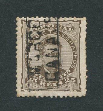 1882/83 - Afinsa nº 57a. D. Luis I de frente. Selo de 25 reis usado. Papel porcelana, denteado 12 1/2. CARIMBO NOMINATIVO - MARCO DE CANAVESES. Pequena transparência e denteado irregular.