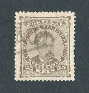 1882/83 - Afinsa nº 57e. D. Luis I de frente. Selo de 25 reis usado. Papel liso, denteado 13 1/2. CARIMBO NOMINATIVO - OLHÃO. Em boas condições.