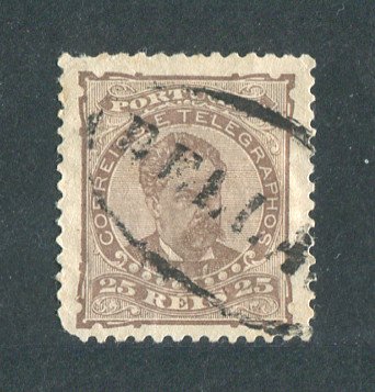 1882/83 - Afinsa nº 57c. D. Luis I de frente. Selo de 25 reis usado. Papel liso, denteado 11 1/2. CARIMBO NOMINATIVO - BELAS. Tem um canto curto.
