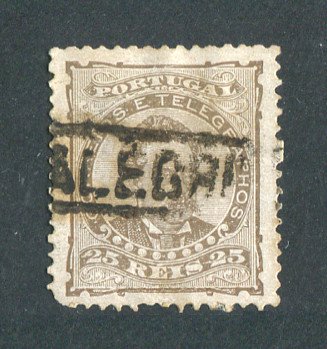 1882/83 - Afinsa nº 57a. D. Luis I de frente. Selo de 25 reis usado. Papel porcelana, denteado 12 1/2. CARIMBO NOMINATIVO - PORTALEGRE. Tem um canto curto.