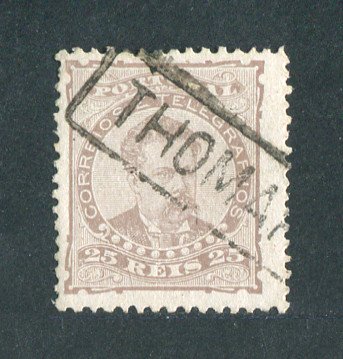 1882/83 - Afinsa nº 57d. D. Luis I de frente. Selo de 25 reis usado. Papel liso, denteado 12 1/2. CARIMBO NOMINATIVO - THOMAR (TOMAR). Em boas condições.