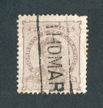1882/83 - Afinsa nº 57d. D. Luis I de frente. Selo de 25 reis usado. Papel liso, denteado 12 1/2. CARIMBO NOMINATIVO - THOMAR (TOMAR). Tem o denteado irregular.