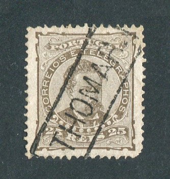 1882/83 - Afinsa nº 57d. D. Luis I de frente. Selo de 25 reis usado. Papel liso, denteado 12 1/2. CARIMBO NOMINATIVO - THOMAR (TOMAR). Tem um canto curto.