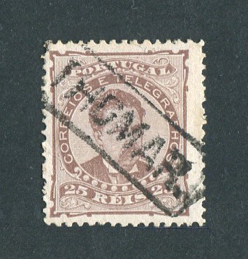 1882/83 - Afinsa nº 57a. D. Luis I de frente. Selo de 25 reis usado. Papel porcelana, denteado 12 1/2. CARIMBO NOMINATIVO - TOMAR (THOMAR). Em boas condições.