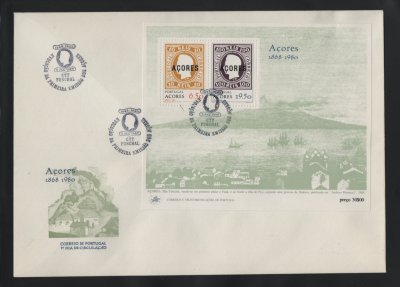 1980 - FDC Bloco nº 29. Evocação da Primeira Emissão - Açores. Carimbo do Funchal. Em boas condições.