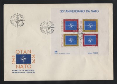 1979 - FDC Bloco nº 26. 30º Aniversário da NATO. Carimbo de Lisboa. Em boas condições.