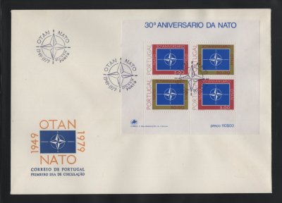 1979 - FDC Bloco nº 26. 30º Aniversário da NATO. Carimbo do Porto. Em boas condições.
