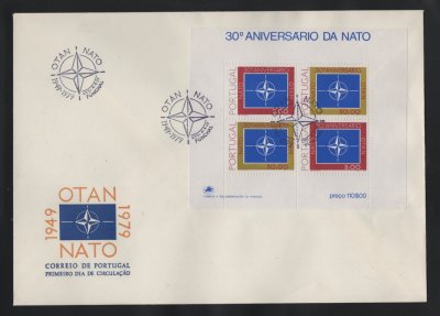 1979 - FDC Bloco nº 26. 30º Aniversário da NATO. Carimbo do Funchal. Em boas condições.
