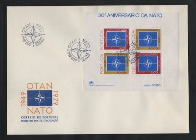 1979 - FDC Bloco nº 26. 30º Aniversário da NATO. Carimbo de Coimbra. Em boas condições.