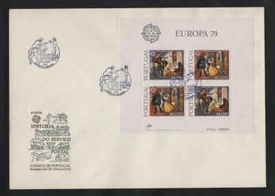 1979 - FDC Bloco nº 27. Europa CEPT - História do Correio. Carimbo de Lisboa. Em boas condições.
