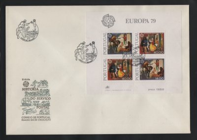 1979 - FDC Bloco nº 27. Europa CEPT - História do Correio. Carimbo de Ponta Delgada. Em boas condições.