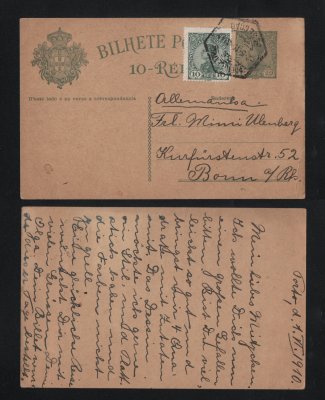 1910 - Inteiro Postal usado do Porto para a Alemanha. Com selo adicional de 10r, D. Manuel. Em boas condições.