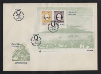 1980 - FDC Bloco nº 29. Evocação da Primeira Emissão - Açores. Carimbo de Ponta Delgada. Em boas condições.