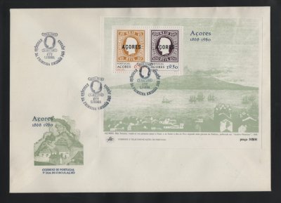 1980 - FDC Bloco nº 29. Evocação da Primeira Emissão - Açores. Carimbo de Lisboa. Em boas condições.
