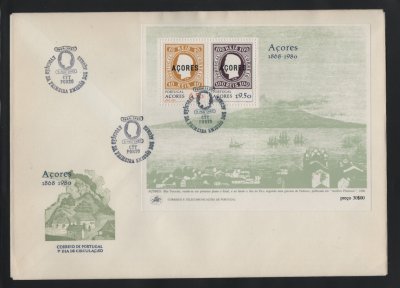 1980 - FDC Bloco nº 29. Evocação da Primeira Emissão - Açores. Carimbo do Porto. Em boas condições.