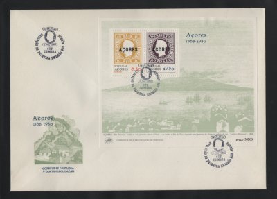 1980 - FDC Bloco nº 29. Evocação da Primeira Emissão - Açores. Carimbo de Coimbra. Em boas condições.