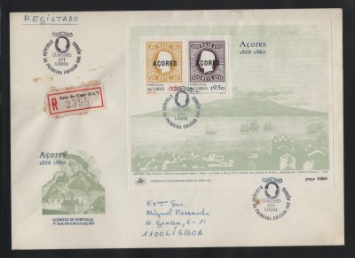 1980 - FDC Bloco nº 29. Evocação da Primeira Emissão - Açores. USADO/CIRCULADO. Carimbo de Lisboa. Em boas condições.