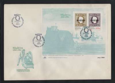 1980 - FDC Bloco nº 30. Evocação da Primeira Emissão - Madeira. Carimbo do Porto. Em boas condições.