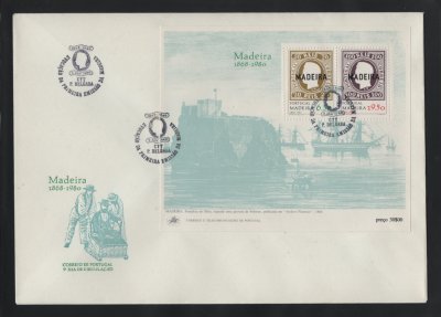 1980 - FDC Bloco nº 30. Evocação da Primeira Emissão - Madeira. Carimbo de Ponta Delgada. Em boas condições.