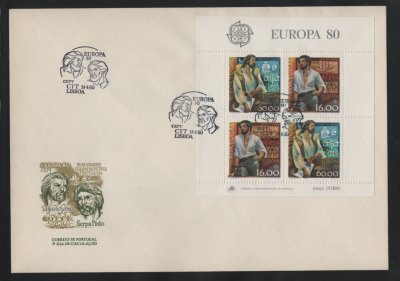 1980 - FDC Bloco nº 31. Europa CEPT - Personagens Celebres. Carimbo de Lisboa. Em boas condições.