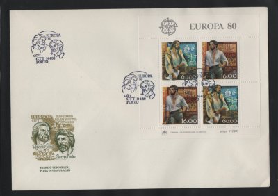 1980 - FDC Bloco nº 31. Europa CEPT - Personagens Celebres. Carimbo do Porto. Em boas condições.