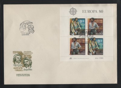 1980 - FDC Bloco nº 31. Europa CEPT - Personagens Celebres. Carimbo de Coimbra. Em boas condições.