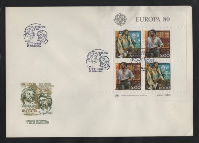 1980 - FDC Bloco nº 31. Europa CEPT - Personagens Celebres. Carimbo de Ponta Delgada. Em boas condições.