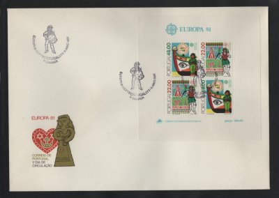 1981 - FDC Bloco nº 35. Europa CEPT - Continente - Folclore. Carimbo de Ponta Delgada. Em boas condições.