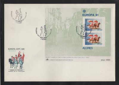 1981 - FDC Bloco nº 36. Europa CEPT - AÇORES. Carimbo de Ponta Delgada. Em boas condições.